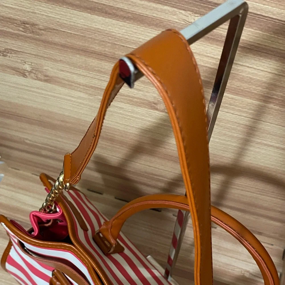 Michael Kors Hamilton Red/White Striped Canvas Leather Large Tote Purs
